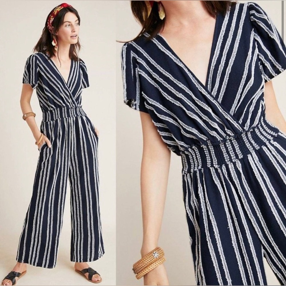Anthropologie Navy and White Striped Jumpsuit